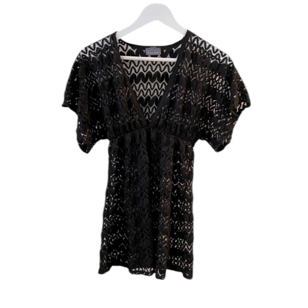 Jordan Taylor Black Sheer Lace Mini Dress Elastic Deep Vneck, Cover up Sz S est